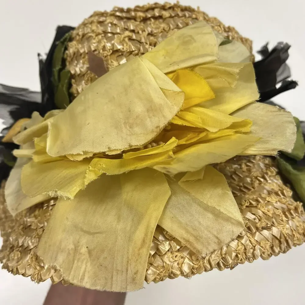 Vintage Mr Rickie Hat Cap Straw Floral Yellow Black Wide Brim Womens Spring 50s